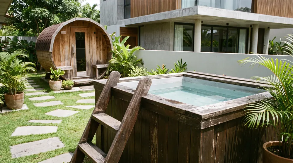 Cold plunge kayu teak grade A premium dengan tangga di taman rumah Tangerang