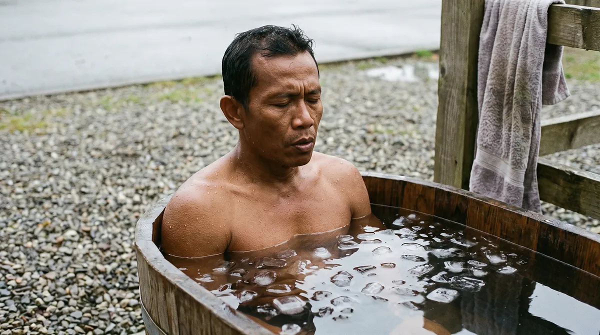Atlet berendam di cold plunge kayu berisi es setelah latihan
