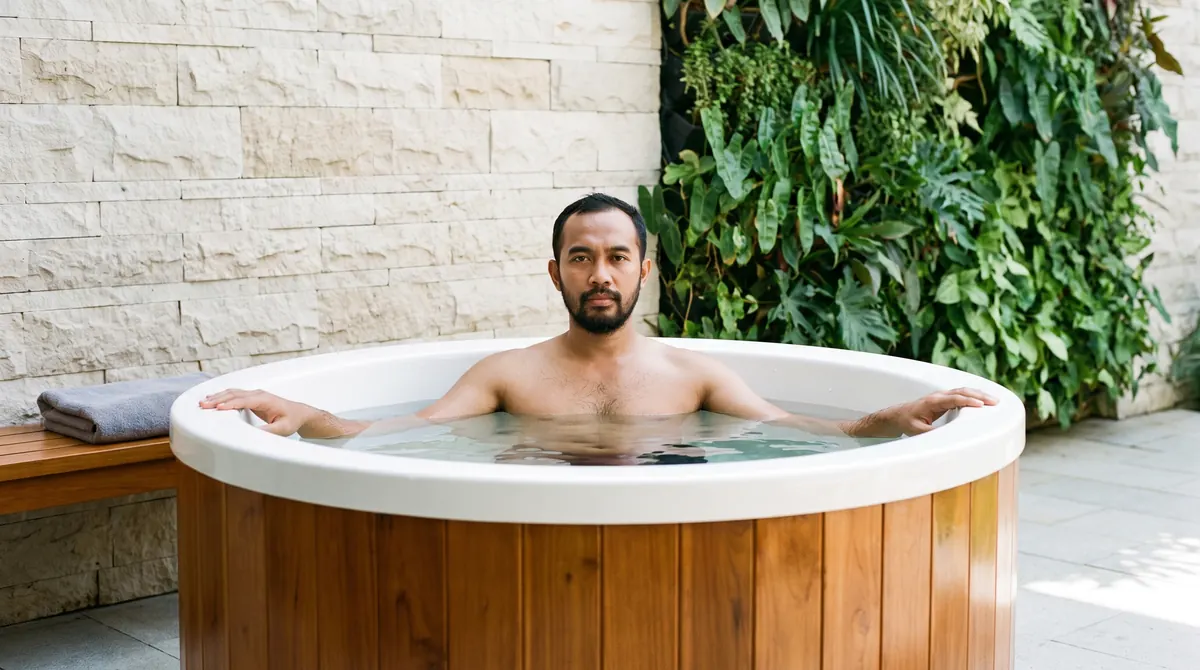 Atlet berendam di cold plunge kayu