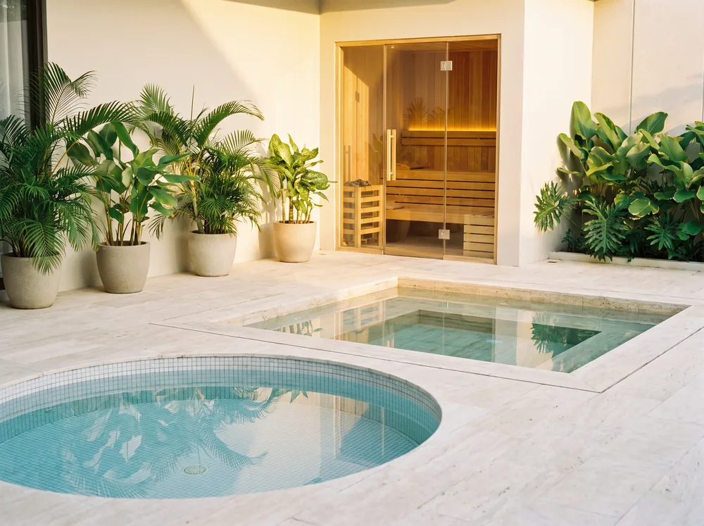 Kolam kontras panas dan dingin dengan sauna kaca panoramik di teras rumah Tangerang