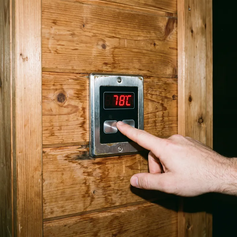 Panel kontrol digital sauna dengan termostat di dinding cedar