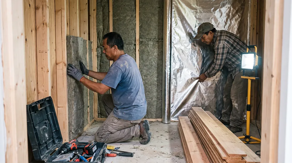 Tukang memasang insulasi rockwool dan foil pada dinding sauna