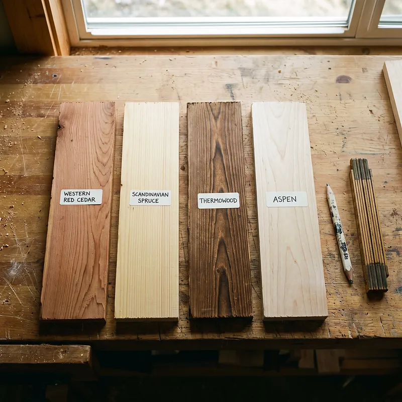 Sampel kayu sauna western red cedar spruce thermowood aspen