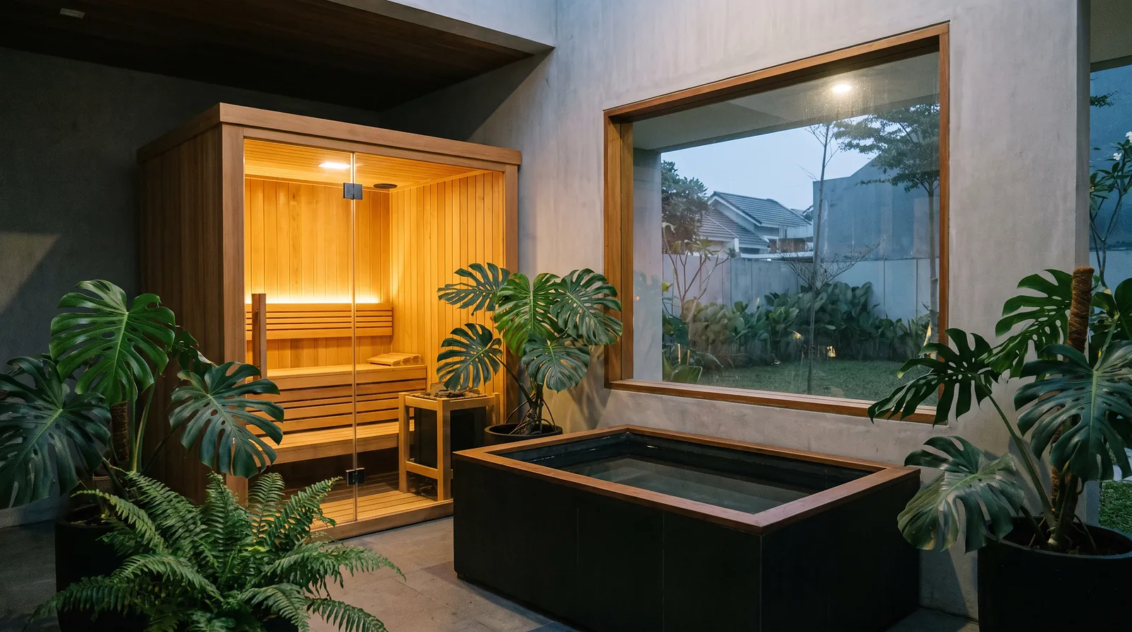 Sauna cedar dan cold plunge kayu berdampingan di rumah Tangerang