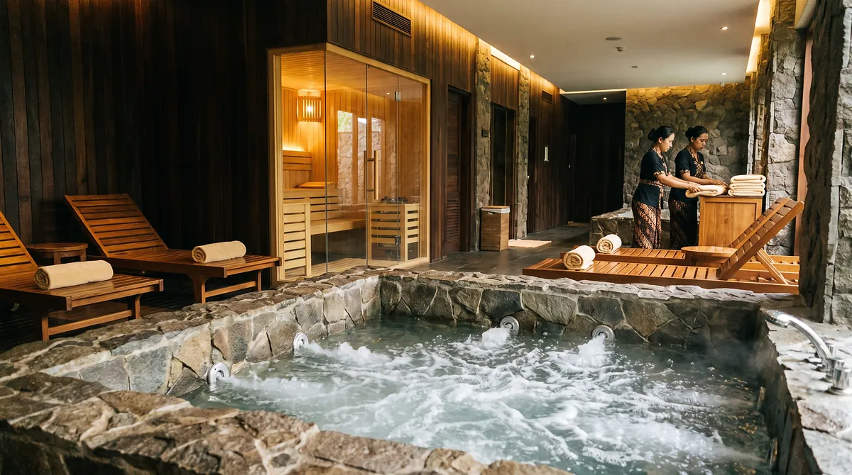 Zona basah spa center dengan jacuzzi hidroterapi dan sauna komersial